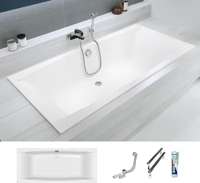A white rectangular bathtub with a faucet and showerhead, set in a bathroom with marble-like countertops and walls.