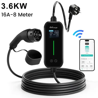 Produktbild von Tragbares EV-Ladegerät Typ 2, 3,5 kW, 8 m Kabel, 6A–16A einstellbar, App-Steuerung, IP54, Kompatibel mit allen EU-Elektroautos