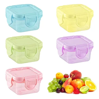 A collage of colorful food storage containers and a pile of fresh fruit.
