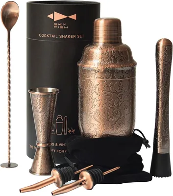 Productafbeelding van FISH Cocktailshakerset - 6-delige bartenderset met 3D-reliëfontwerp - Professionele cocktailset voor cocktailliefhebber - Antiek koper - Handwas