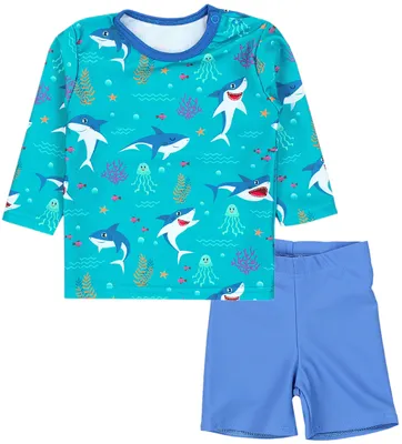 Produktbild von Aquarti Baby Jungen Bade-Set Zweiteiliger Kinder Badeanzug T-Shirt Badehose UV-Schutz, Farbe: Langarm / Haie im Meer Dunkeltürkis / Jeans Blau, Größe: 116
