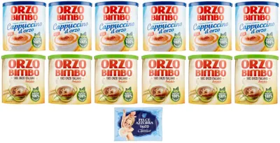 Produktbild von 12er-Pack Löslich-Gersten-Cappuccino Orzo 150g und Orzo Löslich-Gersten 120g und Felce Azzurra Talkumpuder 100g-Beutel