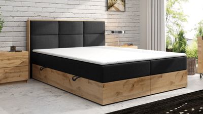 Boxspringbett LISSABON Eiche Holz mit Bettkasten 180 x 200 cm Webstoff Schwarz Anthrazit Bett Bettkasten Ehebett Hotelbett Designerbett Luxus