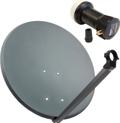 A satellite dish and LNB are shown against a white background.