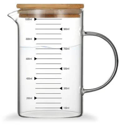 Produktbild von Messbecher Glas 1L Borosilikatglas mit Bambusdeckel, hitze- und kältebeständig, ergonomischer Griff