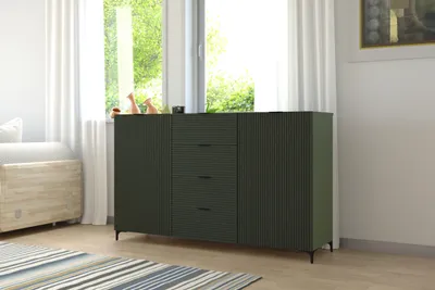 Produktbild von Kommode BELLA 150 cm Moderne geriffelte Sideboard Hohe Beine mit 3 Schubladen mit 2 Türen Grün