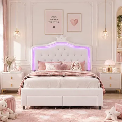 Imagen del producto de Cama infantil INONEFT de 140x200 cm, cama con cabecera acolchada estilo princesa con iluminación LED y espacio de almacenamiento, estructura de cama juvenil para niñas, sin colchón, color blanco PU