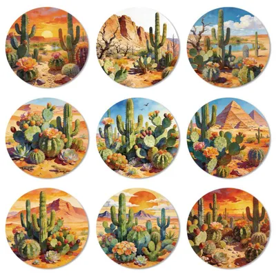 Productafbeelding van Houten onderzetters - Cactussen en woestijnmotieven - voor thuisgebruik - set van 9 stuks