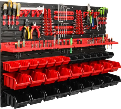 Produktbild von Lagersystem Werkstattregal | 115 x 78 cm | 32 stck. Box | Wandregal mit Werkzeughalterungen und Stapelboxen - Wandplatten Extra Starke Schüttenregal Warkzeuglochwand Lagerregal Garage Regal
