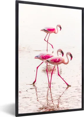 Produktbild von MuchoWow® MuchoWow® Gerahmtes Poster Rosa Flamingos im Wasser vor Kenia 40x60 cm - Poster mit zchwarzem Bilderrahmen - Papierdruck - Wandbilder