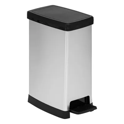 A silver and black rectangular trash can with a foot pedal is shown against a white background.