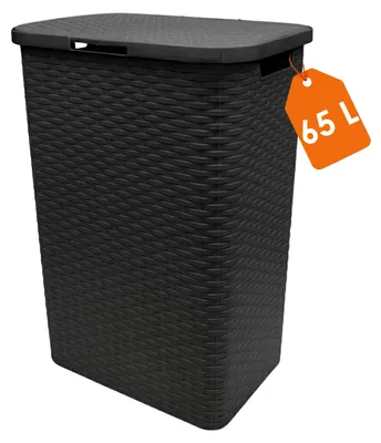 Produktbild von Kunststoff Wäschekorb anthrazit mit Deckel in Rattan Optik - 65 Liter - Wäschesammler in Flechtoptik mit seitlichen Griffen