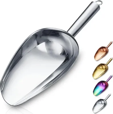 A silver metal scoop is shown prominently against a white background, with smaller scoops in various colors displayed on the right.