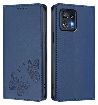 Obrázek produktu pro Kožené pouzdro pro Motorola Edge 40 Pro / Edge+ 2023, motýlí ražbou, peněženkové flip pouzdro se stojánkem Tmavě modrá