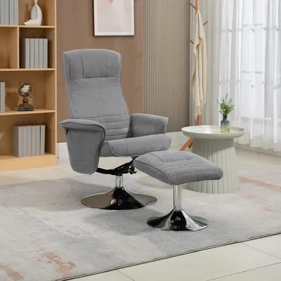 Produktbild von SUGIFT drehbar, Relaxsessel mit Hocker, Fernsehsessel mit Liegefunktion, Grau | bis 150 kg | 135° neigbar, 360° drehbar | 69 x 71 x 104 cm