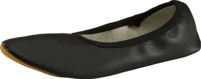 A single black ballet flat shoe is shown against a white background.