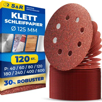 Produktbild von S&R Klett Schleifpapier Set 125 mm, 8 Löcher, 120 St Schleifblätter