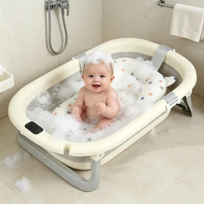 Produktbild von Faltbare Baby Badewanne,Babybadewanne mit Thermometer und Badematte Rutschfeste,XXL Babywanne Badebecken Duschwanne für Kleinkinder 0-3 Jahre(Grau)