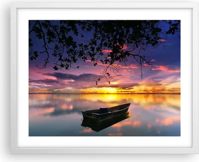 Produktbild von Gerahmtes Poster - Weißer Rahmen - Boot Sonnenuntergang See Himmel - 50x40 cm - Wand Bild - Wanddeko - Wandbilder - Wandposter - Bilderrahmen - Bilder - Kunstdruck - Wandbild - P2WAA50x40-2967