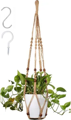 Image de Chaîne suspendue en macramé en corde de coton pour plantes d'intérieur et d'extérieur, avec 1 crochet en S et un crochet à vis (marron)