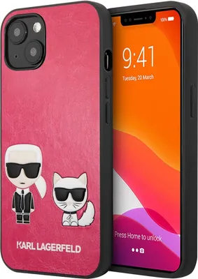 A pink iPhone 13 mini case with Karl Lagerfeld and Choupette designs is shown next to an iPhone.