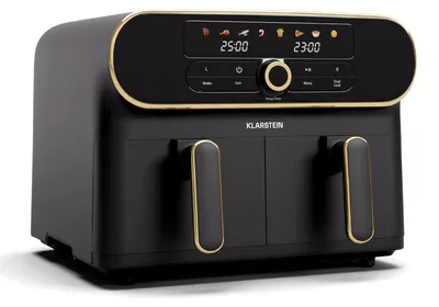 Obrázok produktu pre Fritéza Klarstein AuraAir Color Touch Dual Oil-Free - 11 l, 2 priehradky, 1700 W, 8 programov, dotykový displej, teplota 80-200 °C, nepriľnavý povrch, čierna/zlatá