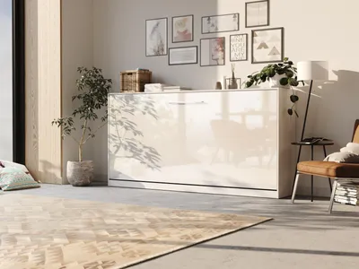 Produktbild von Schrankbett Smartbett Frotto 90x200H ausklappbar für erholsamen Schlaf mit Gasdruckfeder Weiss/WeissHochglanzfront