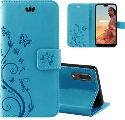 Produktbild von Handytasche für Huawei P20 Blumen Flip Cover Buchhülle mit Magnetverschluss, Blau