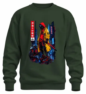 Obrázok produktu pre Cyberpunk, samuraj, katana, japonský anime štýl, manga, mikina s kapucňou, sýto zelená farba, veľkosť L