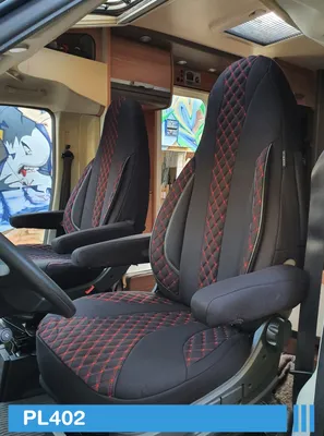 Obrázek produktu pro Potahy sedadel BREMER na míru Potahy sedadel Pilot Potahy sedadel kompatibilní s obytným vozem Camper Hymer Ducato řidič a spolujezdec WPL402 Sada potahů sedadel v černém/červeném prošívání