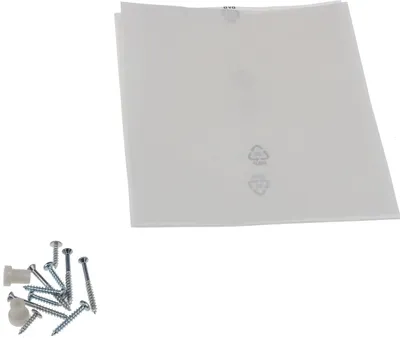 A white sheet of material and a pile of screws and plastic anchors are shown against a white background.