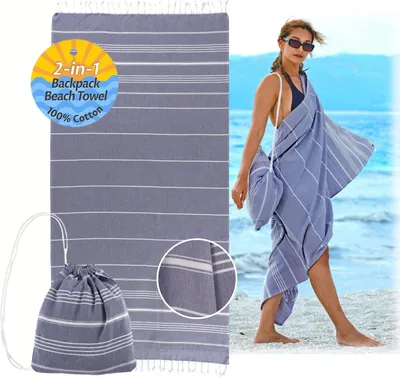 Produktbild von 2 in 1 Hamamtuch Rucksack Strandtuch Badetuch - 100% Baumwolle Hamam Strand Tuch 180x90 Baumwolltuch für Damen und Herren Yogatuch Reisehandtuch Blau