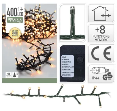 Zdjęcie produktu dla Microcluster | Lampki choinkowe LED | 400 żarówek - Bardzo ciepła biel - Timer - 8 funkcji oświetlenia