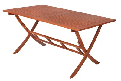 A wooden folding table with a slatted top and X-shaped legs, shown from a diagonal angle against a white background.