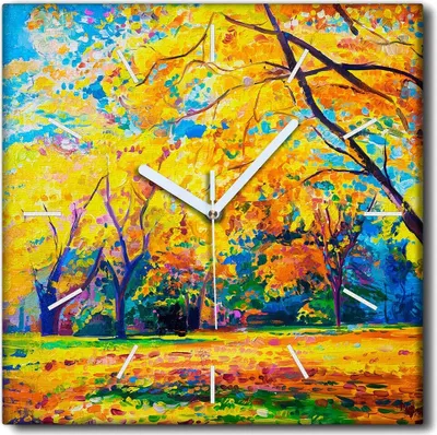 Produktbild von Coloray Uhr auf Leinwand 30x30 cm Wand Uhr Dekoration Wohnzimmer Segeltuch weiße Zeiger -Herbstwaldlandschaft.