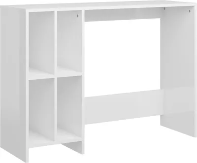 A white computer desk with shelving on the left side, shown against a white background.