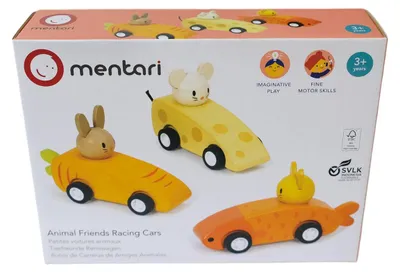 Produktbild von Mentari Holz-Rennwagen Tierfreunde Spielzeugautos 3 Stück