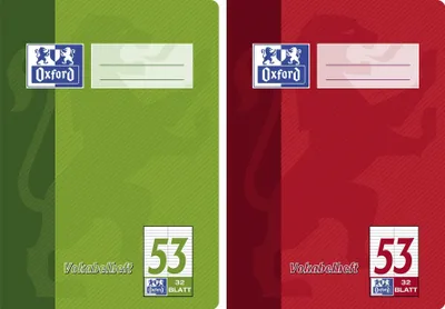 Two notebook covers, one green and one red, are shown side-by-side.