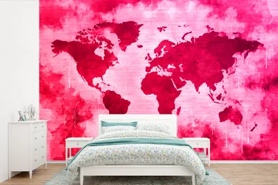 Produktbild von MuchoWow® Fototapete für Wohnzimmer oder Schlafzimmer Wandtapete Vinyl Motivtapete Weltkarte - Rot - Rosa - 600x400 cm - Vinyltapeten