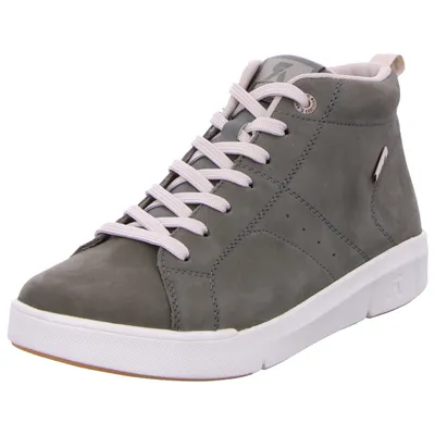 A single gray high-top sneaker with white laces and a white sole is shown against a white background.