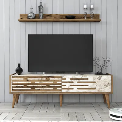 Produktbild von Skye Decor, Valensiya 140 - Walnut, White, Marble, TV-Einheit, Nussbaum, 100 % MELAMINBESCHICHTETE SPANPLATTEN, 140 x 45 x 35 cm