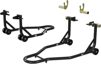 Immagine prodotto di Supporto per moto – Set per ruota anteriore e posteriore – Capacità di carico: 204 kg – Acciaio – Supporti regolabili a forma di U e di L – Supporti antiscivolo – Ruote – Colore: nero