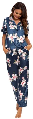 Produktbild von Pyjama-Set Damen – Seiden-Pyjama – Kurze Ärmel – Schlafanzug – Weiche Sets – Klassischer Kragen – Blumenmuster