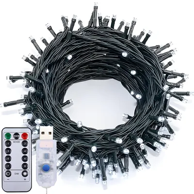 A coiled string of white LED lights with a black wire, a USB connector, and a remote control.