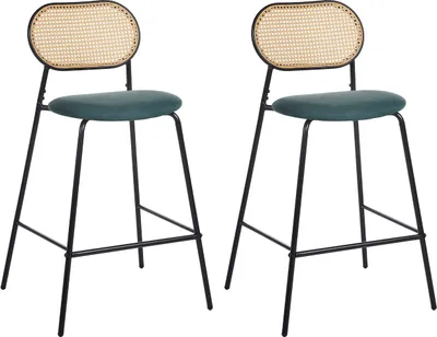 Produktbild von BELIANI Barstühle im 2er-Set Schwarzer Metallrahmen Rattan gepolsterte Rückenlehne Thekenhocker