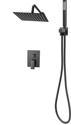 Zdjęcie produktu dla SucceBuy bateria prysznicowa z deszczownicą do łazienki z kwadratową deszczownicą 254 mm i słuchawką prysznicową, ścienny zestaw prysznicowy z mosiężnym zaworem i elementami dekoracyjnymi, czarny matowy