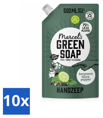 Obrázek produktu pro 10 kusů náplní do mýdel Marcel's Green Soap pro ruce – Bergamot a černý pepř – 500 ml – výhodný balíček