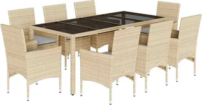 Immagine prodotto di vidaXL set da pranzo da giardino 9 pezzi con cuscini Beige poli rattan vetro