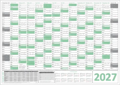 Produktbild von Green Wandkalender / Wandplaner 2027 (gerollt) Classic1 DIN A0 Format (841 x 1189 mm) 14 Monate, komplette Jahresvorschau Folgejahr und Ferientermine / Feiertage aller Bundesländer