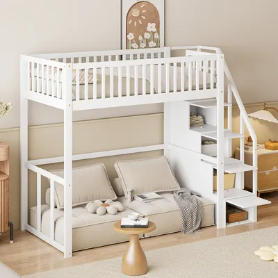 Produktbild von MODFU Hochbett Kinderbett 90x200cm mit Rausfallschutz, Etagenbett Massivholzbett mit Lattenrost und Stauraum Treppe, Jugendbett Bettgestell, Weiß
